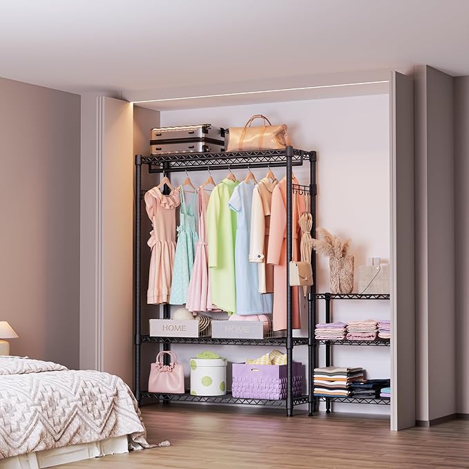 IZEUK Heavy Duty Garment Rack, Freestanding Clothing Rack for Hanging Clothes with 1 Rod, 3 Tiers & Side Hooks, Adjustable Metal Wardrobe Closet Organizer, 45.3" W x 15.7" D x 72.4" H, Dark Grey