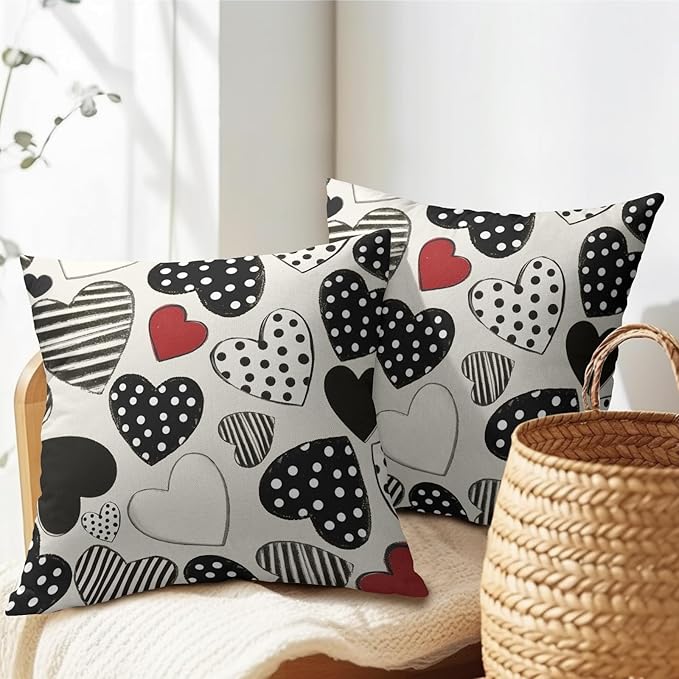 Kawani Valentines Day Pillow Covers 20x20 Inch Black and White Heart Outdoor Decorative Throw Pillow Covers Set of 2 Valentine's Day Pillowcases Farmhouse Cushion Covers for Couch Sofa Decor