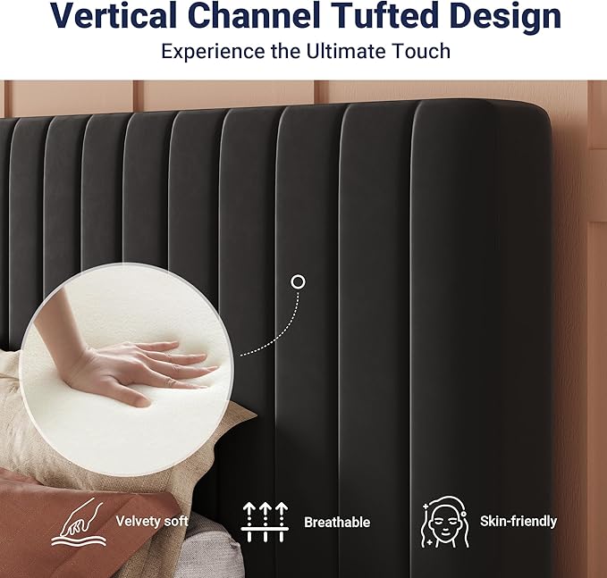 Allewie Twin Bed Frame, Velvet Upholstered Platform Bed with Adjustable Vertical Channel Tufted Headboard, Mattress Foundation with Strong Wooden Slats, Box Spring Optional, Easy Assembly, Black