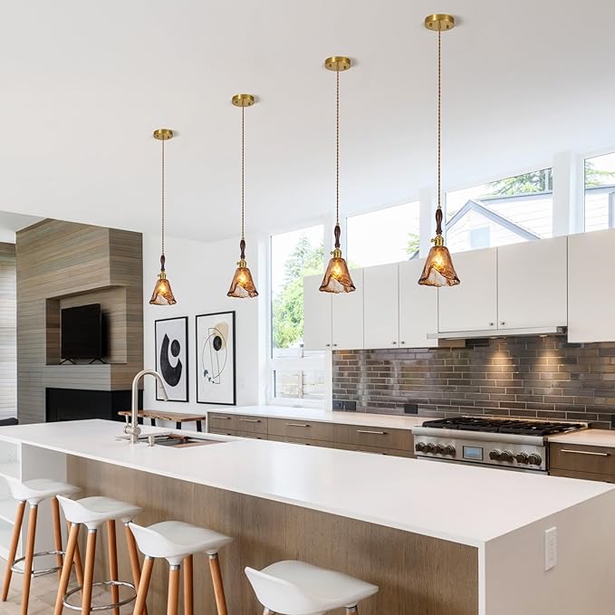 Brown Glass Vintage Pendant Light 6.18" Handmade Glass Pendant Lights Kitchen Island Gold Hanging Light Fixture for Bedroom Dining Room Hotel (3 Pack)