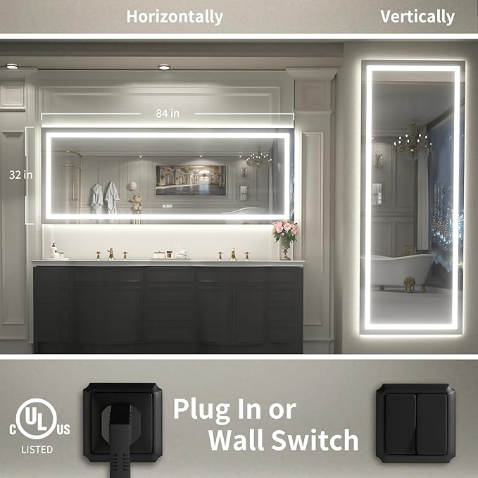 LED Mirror for Bathroom, 84x32 Inch Backlit + Front Lighted Bathroom Vanity Mirror with Lights, Double Light Strips, 3 Colors, Shatter-Proof, Anti-Fog and Brightness Memory