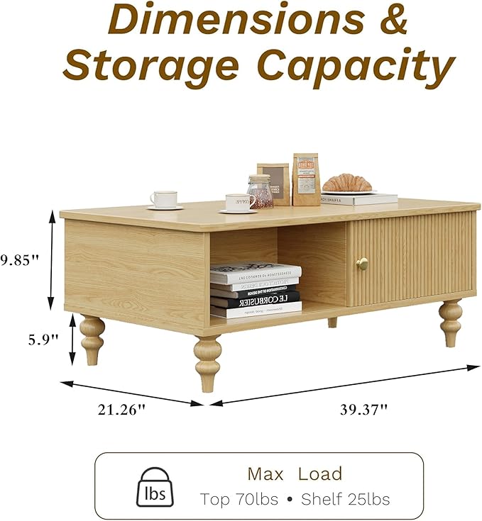 Mid-Century Modern Coffee Table, Wooden Fluted Entertainment Center with Open Storage Shelf, Rustic Living Room Furniture for Home & Office, Natural Oak