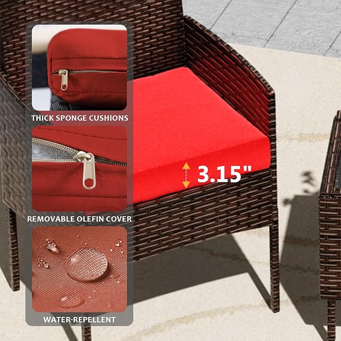 3 Pieces Patio Furniture Set, Outdoor Conversation Sets, Wicker Rattan Chairs for Garden Backyard Balcony Porch Poolside, Set with Glass Table and Soft Cushions (Brown+Red)