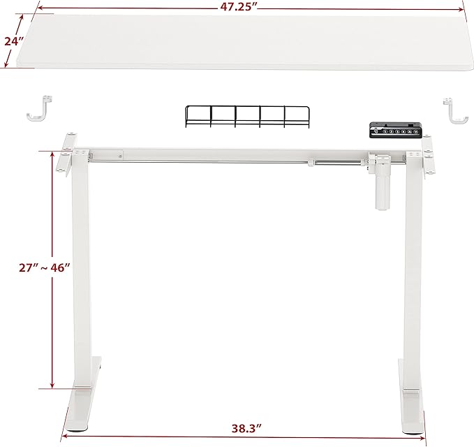 SHW 48-Inch Electric Height Adjustable Sit to Stand Desk with Hanging Hooks and Cable Management, White Frame and White Top