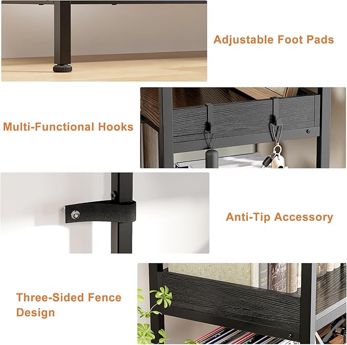 KOUSEI 6-Tier L-Shaped Reversible Corner Bookshelf, 69" Black Industrial Wood & Metal Bookcase, Wide Open Shelves + 4 Hooks for Living Room/Bedroom/Home Office