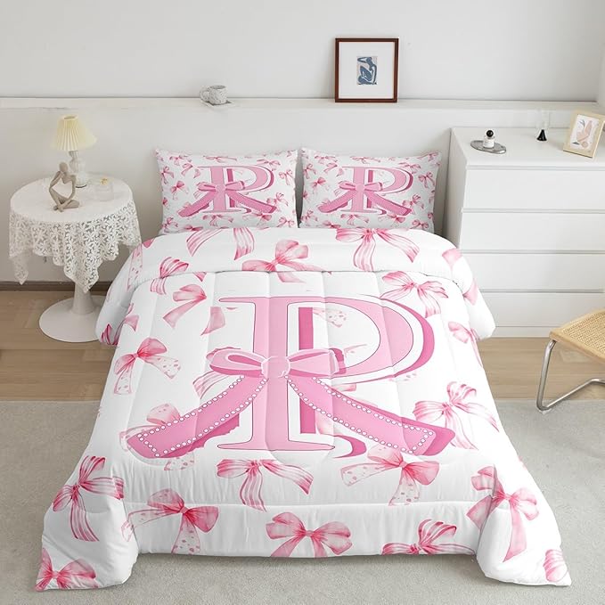 jejeloiu Kids Girls Cute Pink Bow Comforter Set Toddler Size Monogrammed Bedding Set Ultra Soft Personalized Initial P Duvet Quilt Coquette Bow Knot Quilt Set Room Decor Modern Fashion Comforter