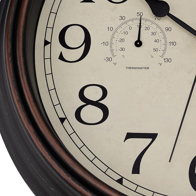 Foxtop Indoor Outdoor Waterproof Wall Clock with Thermometer and Hygrometer Combo, 14 Inch Retro Silent Non-Ticking Battery Operated Quartz Round Outdoor Clocks for Patio Home Office (Bronze)