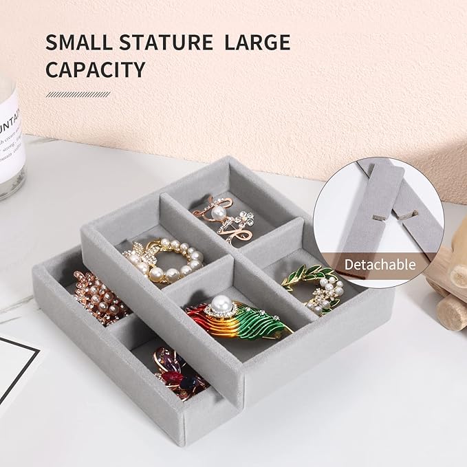 DesignSter Small Jewelry Tray, 2PCS Ring Organizer, Velvet Jewelry Display Tray, Stackable Jewelry Organizer Trays, Jewelry Drawer Organizer Inserts For Dresser, Jewelry Box (Gray)