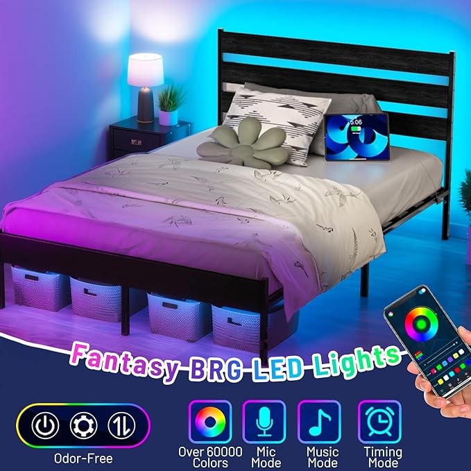 Full Size Bed Frame with Headboard,Heavy Duty LED Bed Frame with USB Charging Station,Mattress Foundation-Under Bed Storage, No Box Spring Needed, Noise Free，Black