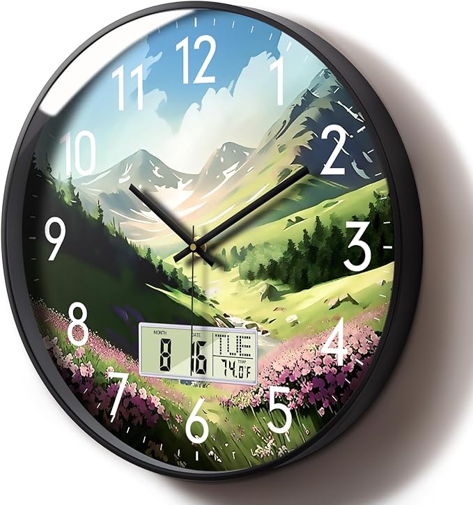 Digital Large Display Silent Wall Clock with Temperature Date Mountain Flowers Modern Non-ticking Battery Operated Mount Clocks Bathroom Kitchen Clock Farmhouse Living Room Office Decor 12 Inch