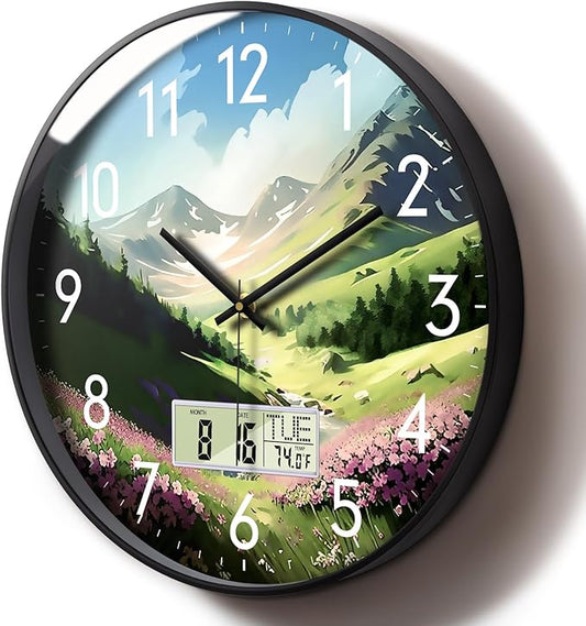 Digital Large Display Silent Wall Clock with Temperature Date Mountain Flowers Modern Non-ticking Battery Operated Mount Clocks Bathroom Kitchen Clock Farmhouse Living Room Office Decor 12 Inch