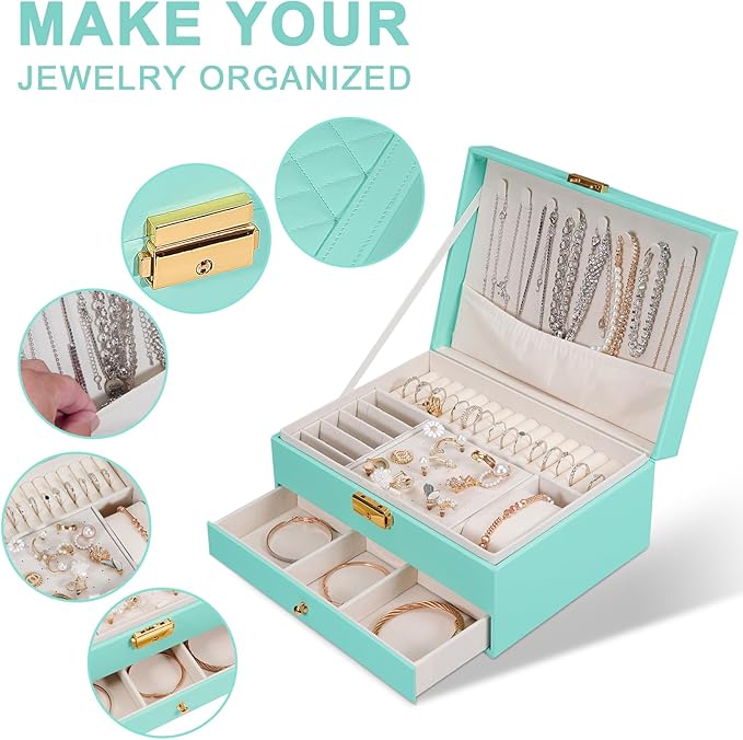 Jewelry Box for Women Girl Wife - Large PU Leather Jewelry Organizer Storage Case with Two Layers Display for Earrings Bracelets Rings Watches (Teal)