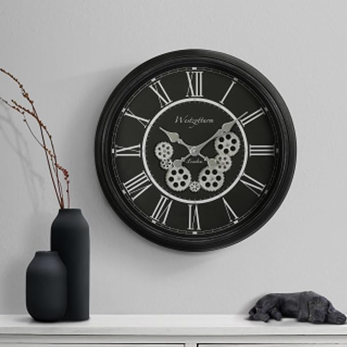 23 Inch Black Steampunk Wall Clock with Decorative Gears, Industrial Vintage Analog Clock for Living Room, Farmhouse, Office Decor, Silent Non-Ticking Battery Operated