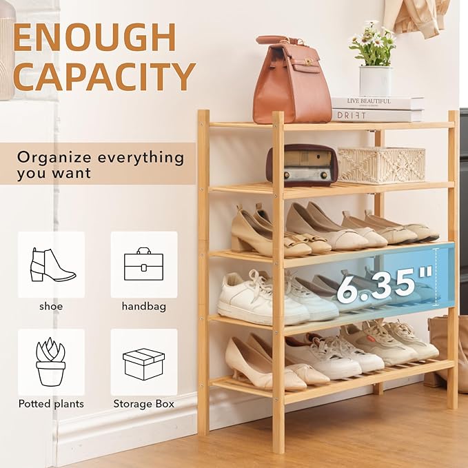 5 Tier Bamboo Shoe Rack Storage Organizer for Closet, Multifunctional Stackable Free Standing Shoe Shelf Organizer for Small Space,Entryway,Hallway,Bathroom 27"x11"x32"(Natural, 5 Tier)
