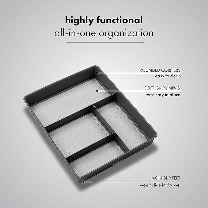 Madesmart Classic 4-Compartment Drawer Organizer Gadget Tray, Plastic Multipurpose Storage Bin for Drawers, Granite