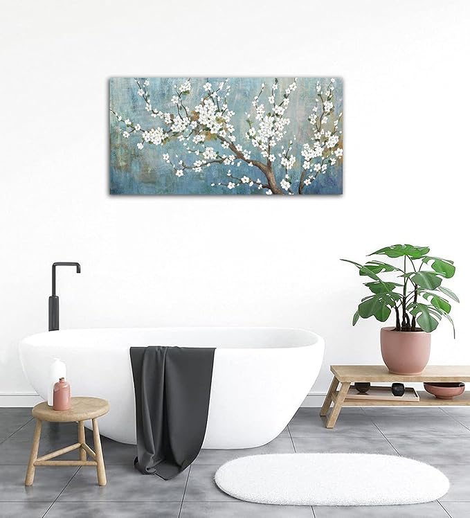 Elegant Flowers Canvas Wall Art - Plum Blossom Pictures for Wall Decor Rustic Turquoise Canvas Painting Nature Printing Artwork for Living Room Bedroom Home Office Wall Decoration 20" x 40"