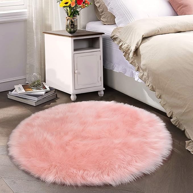 Latepis Round Pink Rug 5ft Faux Fur Sheepskin Circle Rug for Living Room Fuzzy Rugs for Teen Girls Bedroom Teen Room Dorm Cute Room Décor