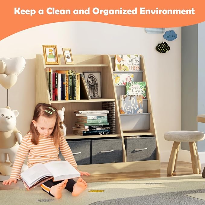 Kids Bookshelf Wood Montessori Toy Storage Organizer Cabinet Shelf Child Bookcase Toddler Baby Sling Book Rack 3 Cube Bin Fabric Drawers for Playroom Bedroom Nursery School