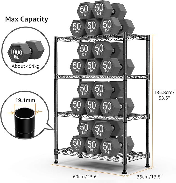 1000 lbs Storage Shelving Steel Heavy Duty 4-Tier Utility Shelving Unit Steel Organizer Wire Rack for Home,Kitchen,Office,Black (13.7" D x 23.6" W x 53.4" H)
