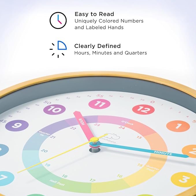 LittleHippo Learning Wall Clock for Kids for Classroom, Bedrooms, Nursery, Playroom - Kid's Analog, Silent, Non-Ticking Clock for Teaching to Tell Time, Study to Learn to Tell Time