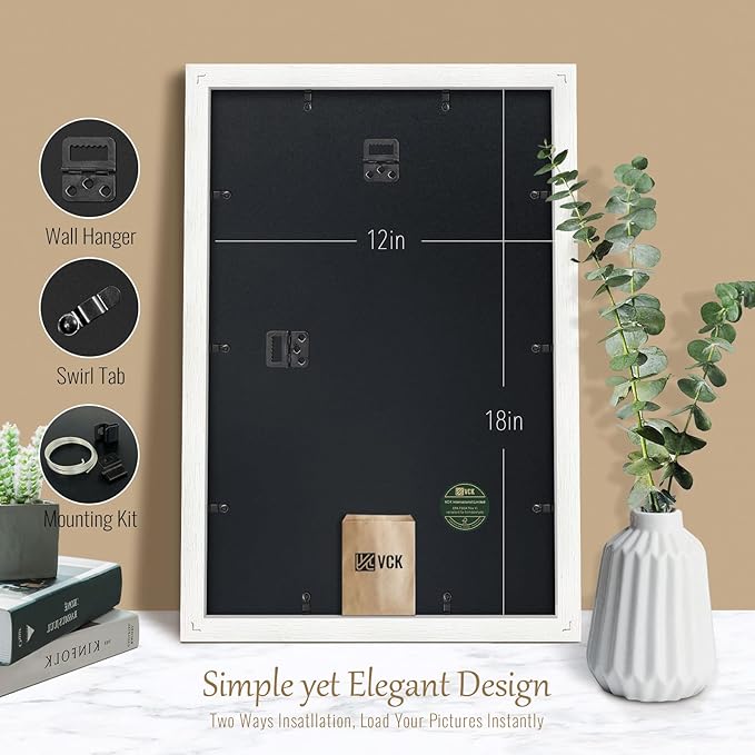 VCK 12x18 Poster Frame Set of 4 - White, Gallery-Quality Wood Picture Frames, 1.1-Inch Wide Border, Polished Plexiglass, Vertical or Horizontal Wall Display for Photo/Art/Prints, White