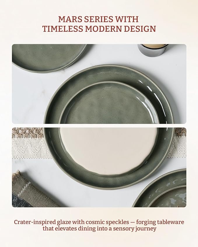 Famiware Mars Plates and Bowls Set, 12 Pieces Dinnerware Sets, Dishes Set for 4, Sage Green