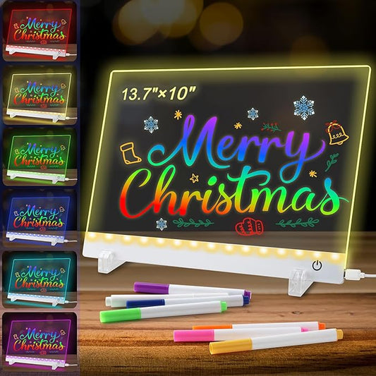 LED Note Board with Colors，LED Drawing Board for Kids, Light Up Acrylic Dry Erase Board with Stand,7 Markers, Rewritable Message Board Creative Fun for Home, Classrooms, Gifts（13.7X 10Inch）