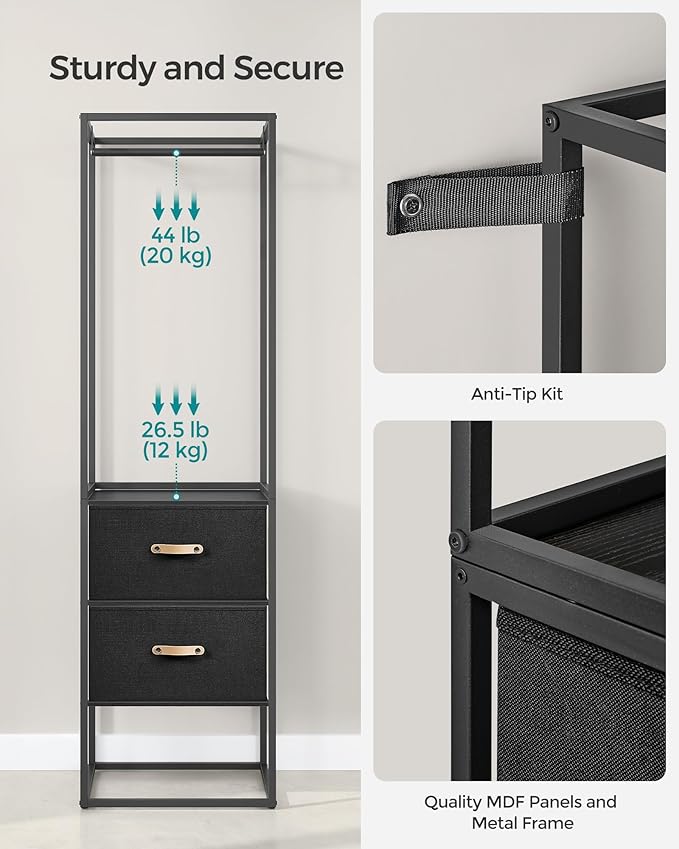 SONGMICS Clothes Rack, 70.9 Inch Wardrobe Freestanding Closet, Heavy Duty Garment Rack with 1 Extendable Hanging Rod, 2 Drawers and 4 Shelves, for Bedroom, Space-Saving, Ebony Black URGR003B56