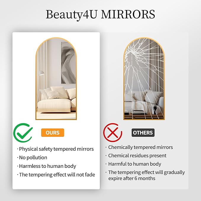 Beauty4U Arched Full Length Mirror, Standing or Leaning, Bedroom Dressing Mirror with Gold Aluminum Alloy Frame, 65" x 24"