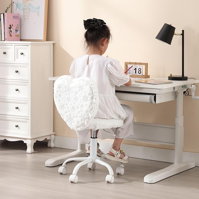 Kids Desk Chair - Girls Students Study Adjustable Computer Chair with Cute Heart Back for Home/Bedroom/School/Dorm, Snow White