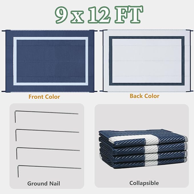 Ogrmar 9x12 FT Reversible Mats, Outdoor Rug for Patio Clearance, Waterproof Carpet, Plastic Straw Rug for Indoor Outdoor, Floor Mat&Rug for RV Porch Camping Backyard Deck Balcony Beach Trailer (Blue)