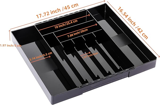 IEEK Kitchen Drawer Organizer for Cutlery and Utensils,Adjustable Silverware Drawer Organizer Tray,Kitchen Storage Divider for Spatula Tools,Gadgets,Forks,Knives,Spoons and Chopsticks,Black-L