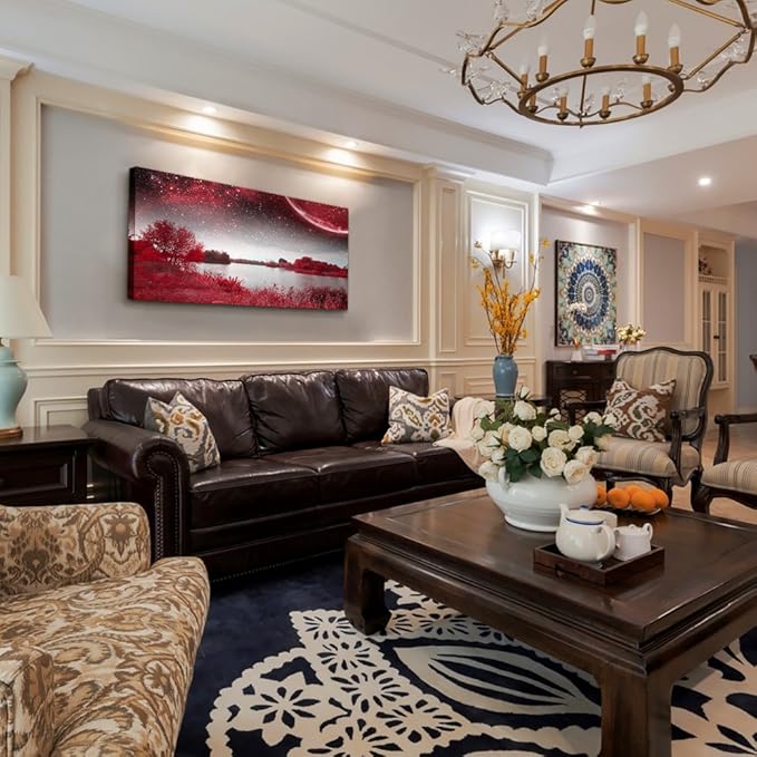 wall art for living room Red Lakes and trees under the starry sky red landscape painting office Wall Art Decor 20" x 40" single Pieces Canvas Prints Ready to Hang for Home Decoration Works For bedroom