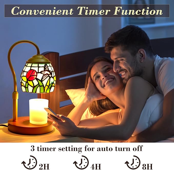 Candle Warmer Lamp with Timer Dimmer, Adjustable Height Candle Warmer for Jar Candles, Birthday Gifts for Women New Home Bedroom Decor Tiffany Hummingbird Style Stained Glass with 2 Bulbs