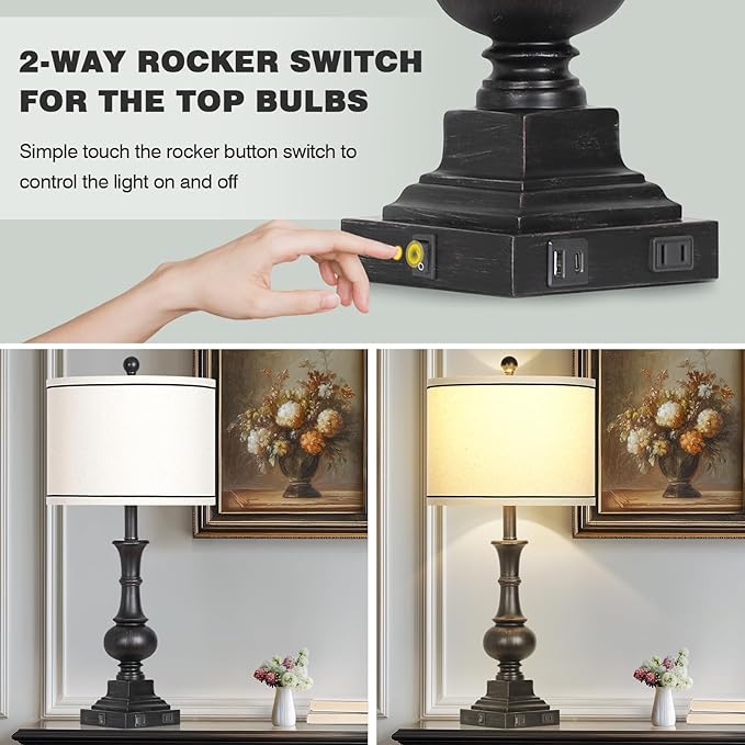 Farmhouse Table Lamps Set of 2, Vintage Bedside Lamps with USB A+C Charging Ports & AC Outlet, 26" Rustic Nightstand Lamp for Living Room Bedroom End Table Wash Black(2 LED Bulbs Included)