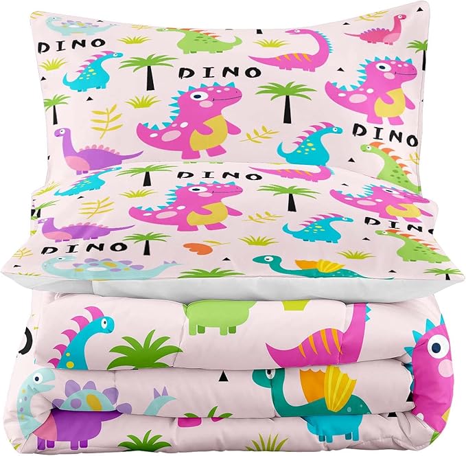 Tailor Shop Pink Dinosaur Comforter Set for Kids,Girls Bedding Sets Twin Size,Cartoon Dinosaur Bedding,Colorful Dino Bed Set，with 1 Comforter 1 Pillowcase……
