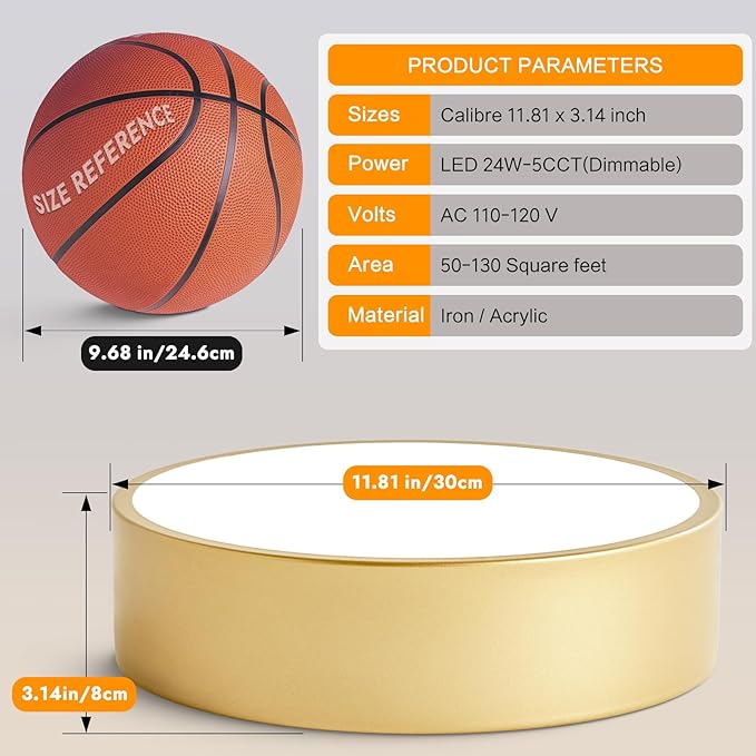 Dimmable Modern Flush Mount Ceiling Light Fixture,Painted Gold Round LED Ceiling Lights Fixtures,5CCT 2700K-6000K Lighting for Kitchen Hallway Bedroom Laundry Room Entryway Closet 11.81 inch