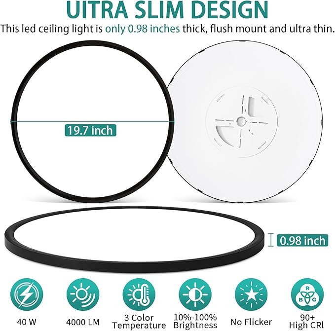 20 Inch Dimmable LED Ceiling Light Fixture, Ultra Thin Flush Mount, 40W 4000Lumen, 3 Color Changeable, Round, Black, for Dining Room, Kitchen, Bedroom, Office, Hotel