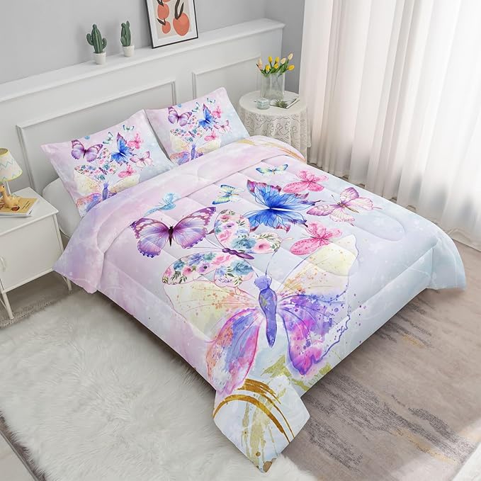 Watercolor Butterfly Comforter Bedding Set for Girls Kids Teens,Lightweight Colorful Floral Butterfly Printed Tie-dye Comforter with 2 Pillowcases(Watercolor Butterfly Full)