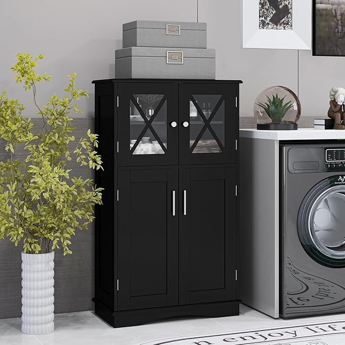 Tangkula Freestanding Floor Cabinet w/2 Glass Doors, 3-Level Adjustable Shelves, Anti-toppling Design, Kitchen Pantry Cupboard for Bathroom, Living Room (Black)