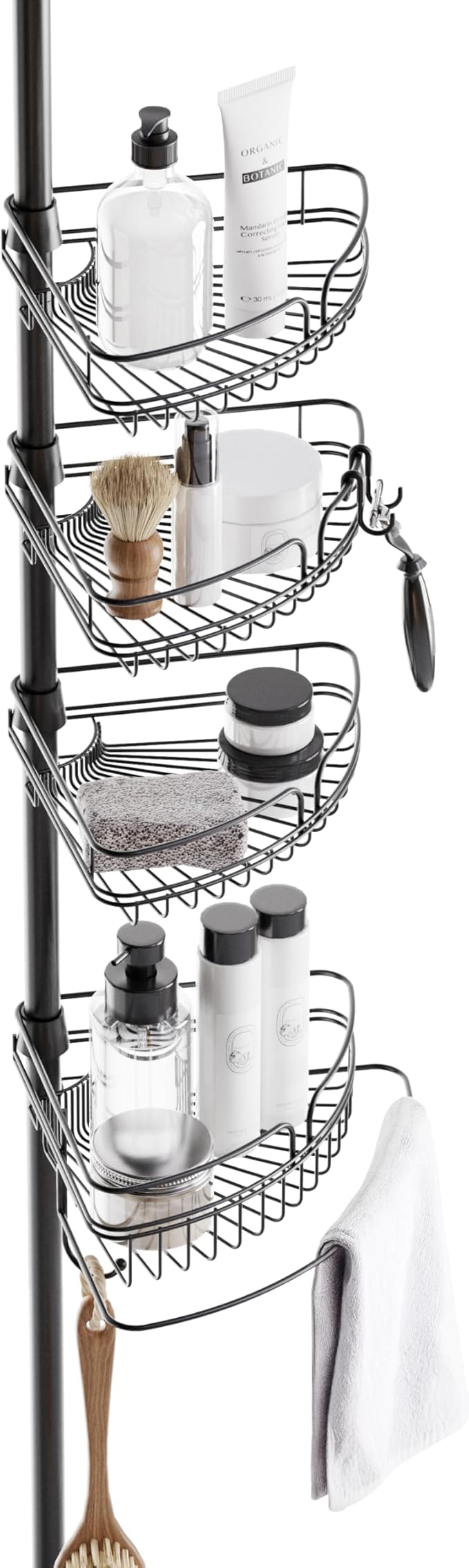 Zenna Home Tension Pole Shower Caddy Corner Organizer, Adjustable Standing Shower Caddy with 4 Baskets and Built in Towel Bar, Rust Resistant Bathroom Tension Rod Organizer, 60 to 97 Inch, Matte Black