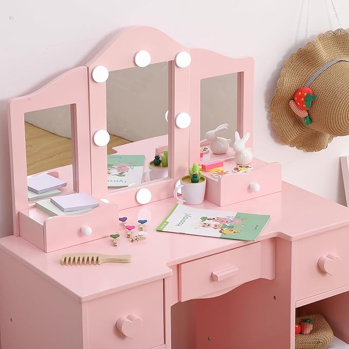 Kids Vanity Set With Mirror, 2 in-1 Wooden Toddler Vanity Table With Stool, Tri-Folding Mirror & Drawer, Princess Pretend Play Makeup Vanity Princess Makeup Desk Dressing Table for Little Girls
