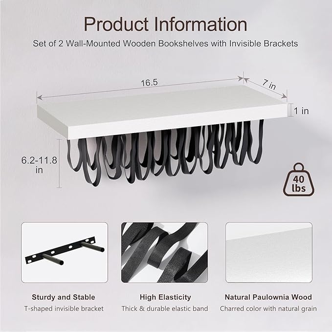 Floating Bookshelves for Wall, Rustic Wood Hanging Wall Bookshelf, Upside Down Book Shelf and Wall Mounted Bookshelves for Home Decor in Bedroom, Living Room, White 2 Pack