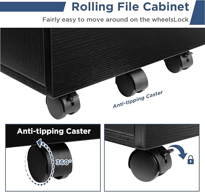 HollyHOME 3-Drawer Wood File Cabinet, Under Desk Cabinet for Home Office, Rolling Storage Shelf for Home, Printer Stand, for A4, Letter-Size Files, 11.8in Hanging File Folders, Black