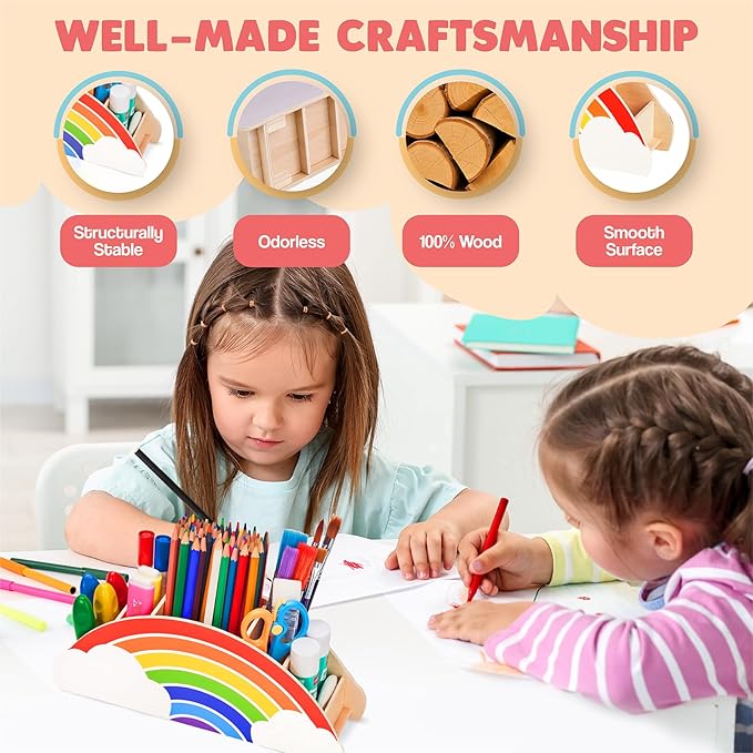 GAMENOTE Rainbow Wooden Desk Organizer – Natural Wood, No Smell, Childfriendly Pen Pencil Holder Caddy for Office Supplies, Classroom,Study Area– Cute Storage for Kids Present