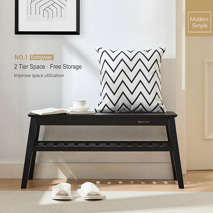 Nnewvante Bamboo Entryway Bench, 33.46" End of Bed Bench, 2 Tier Black Bench for Bedroom, Indoor Bench for Living Room, Dining Room, Hallway, Holds up to 300lbs