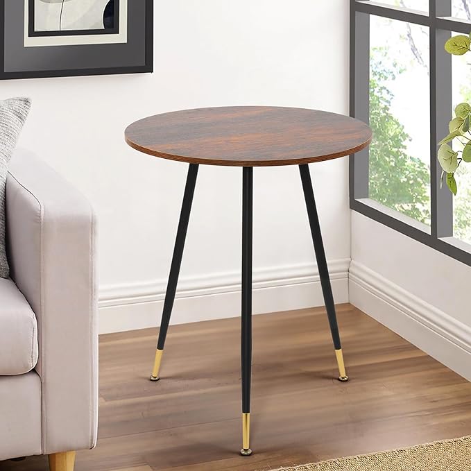 NOBPEINT Round Modern Wooden Side Table, 28 Inches End Table with 3 Metal Legs (Brown)