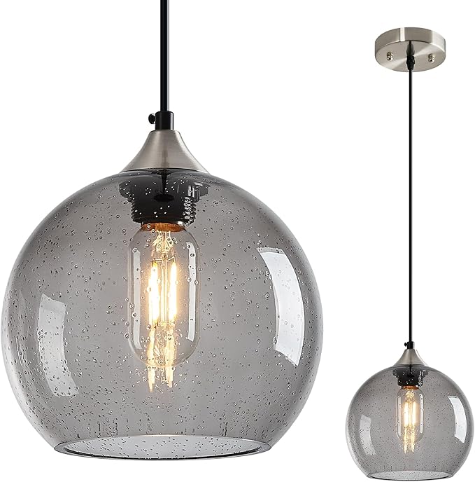 Light Grey Glass Pendant Lights Kitchen Island Lighting Globe Pendant Light Fixtures Modern Pendant Lighting for Bedroom Living Dining Room Light Fixture (7.87 in, 1 Pack)