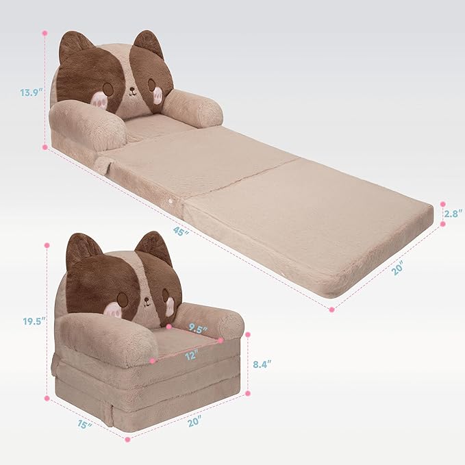 MONKISS Kids Couch, Comfy Toddler Chair, 2 in 1 Fold Out Kids Sofa to Lounger, Baby Sleeper Chair, Toddler Furniture, Birthday Gifts for Boys and Girls, 1~4 Years Old, Cute Dog