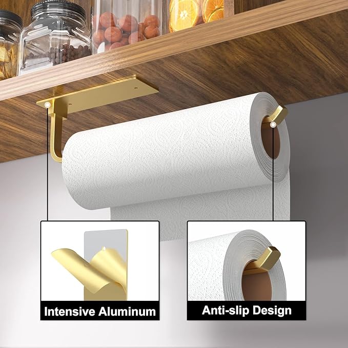 Paper Towel Holder - Self-Adhesive or Drilling, Gold, Upgraded Aluminum Kitchen Roll Dispenser Under Cabinet, Lighter but Stronger Than Stainless Steel!